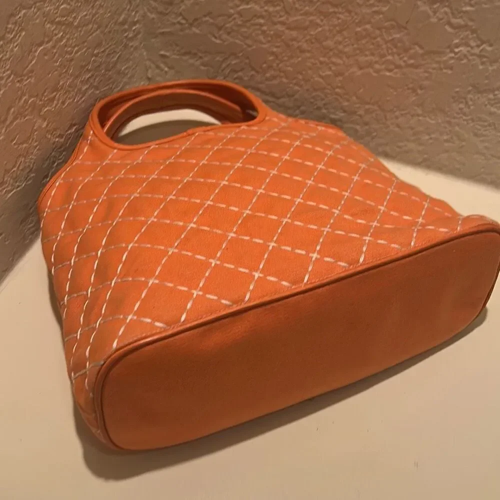 Salvatore Ferragamo Quilted Tote Bag Coral Orange With White Contrast Stitch